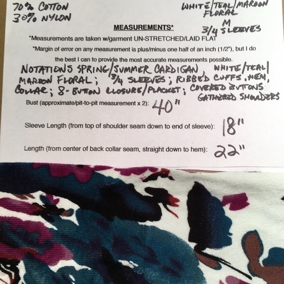 NOTATIONS Spring Summer CARDIGAN, 3/4 Sleeves, Multicolor FLORAL, NWT, Size M - Picture 8 of 8